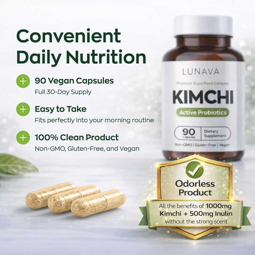 LUNAVA Kimchi Capsules with Prebiotics & Probiotics, Fermented Kimchi Superfood Supplement, Gut Health Supplements, One Complete Formula for Digestive and Immune Support, 90 Vegan Capsules