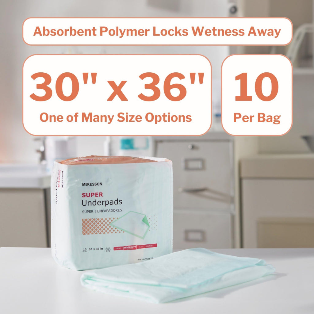 McKesson Super Underpads, Incontinence Bed Pads 30" x 36" [100 Count], Moderate Absorbency, Disposable Chux Pads for Adults, Elderly, and Baby, Pee Pads