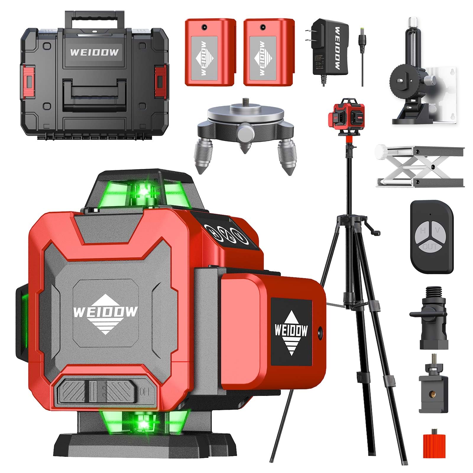 weiddw Laser Level with Tripod, Self Leveling Laser Level 4x360°, Green Line Laser 4D Laser Leveler Tool with 2Pcs Lithium Batteries for Picture Hanging, Tile, Home Renovation, Indoor