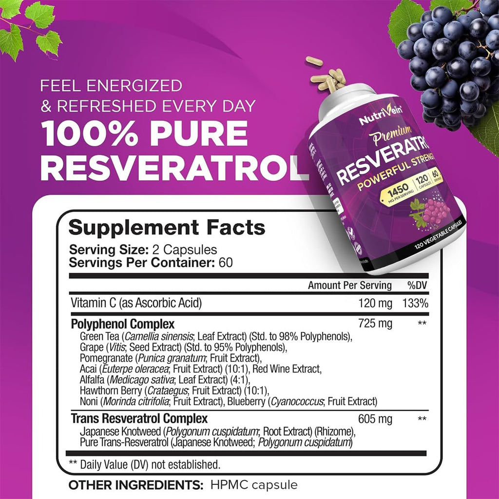 Nutrivein Premium Resveratrol 1450mg - 120 Caps: Pure Trans Resveratrol Supplement Enhanced with Green Tea Leaf & Acai Berry - Aging, Defenses, Brain, Heart, and Joint Support