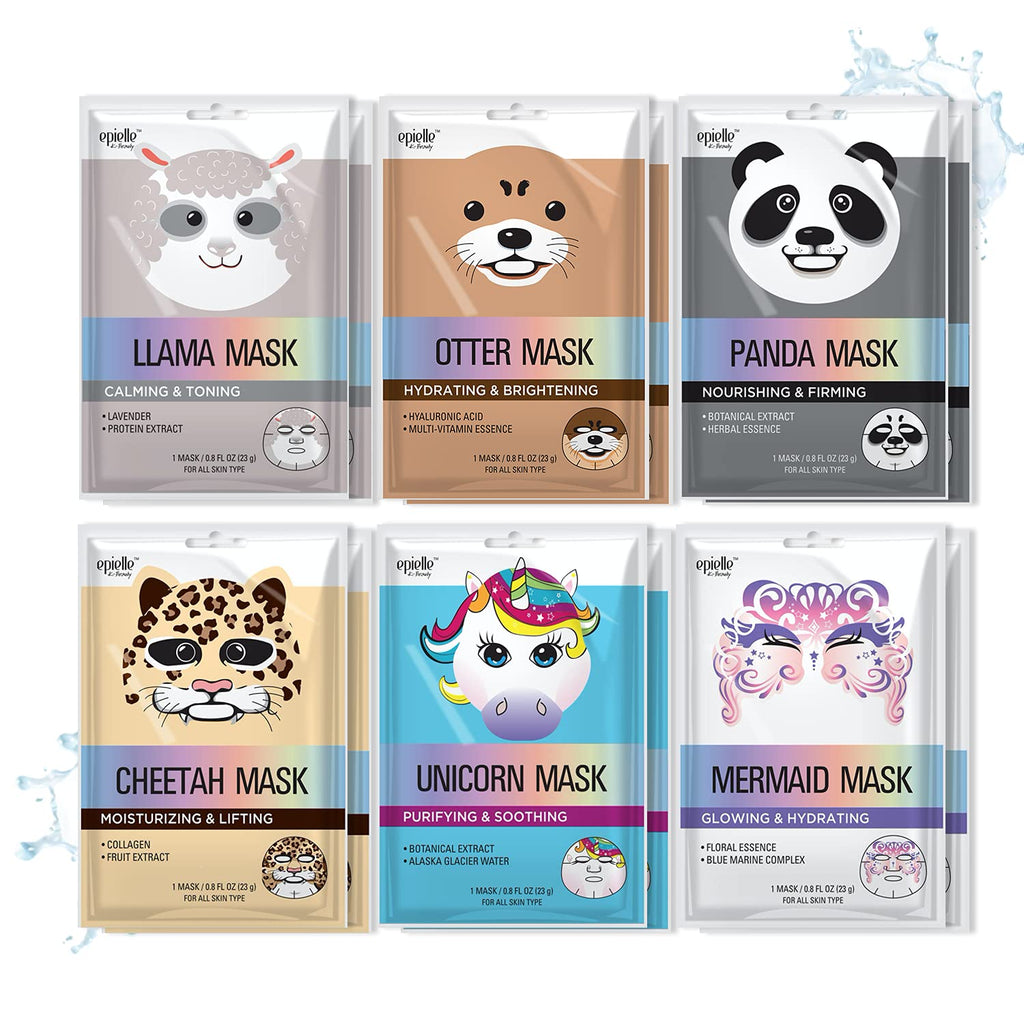 Epielle Character Face Mask Mystical Safari 12 Pack, Fun & Effective Korean Skin Care, Spa Party Favors, Stocking Stuffers, Birthday Gifts for Women, Self Care Gifts