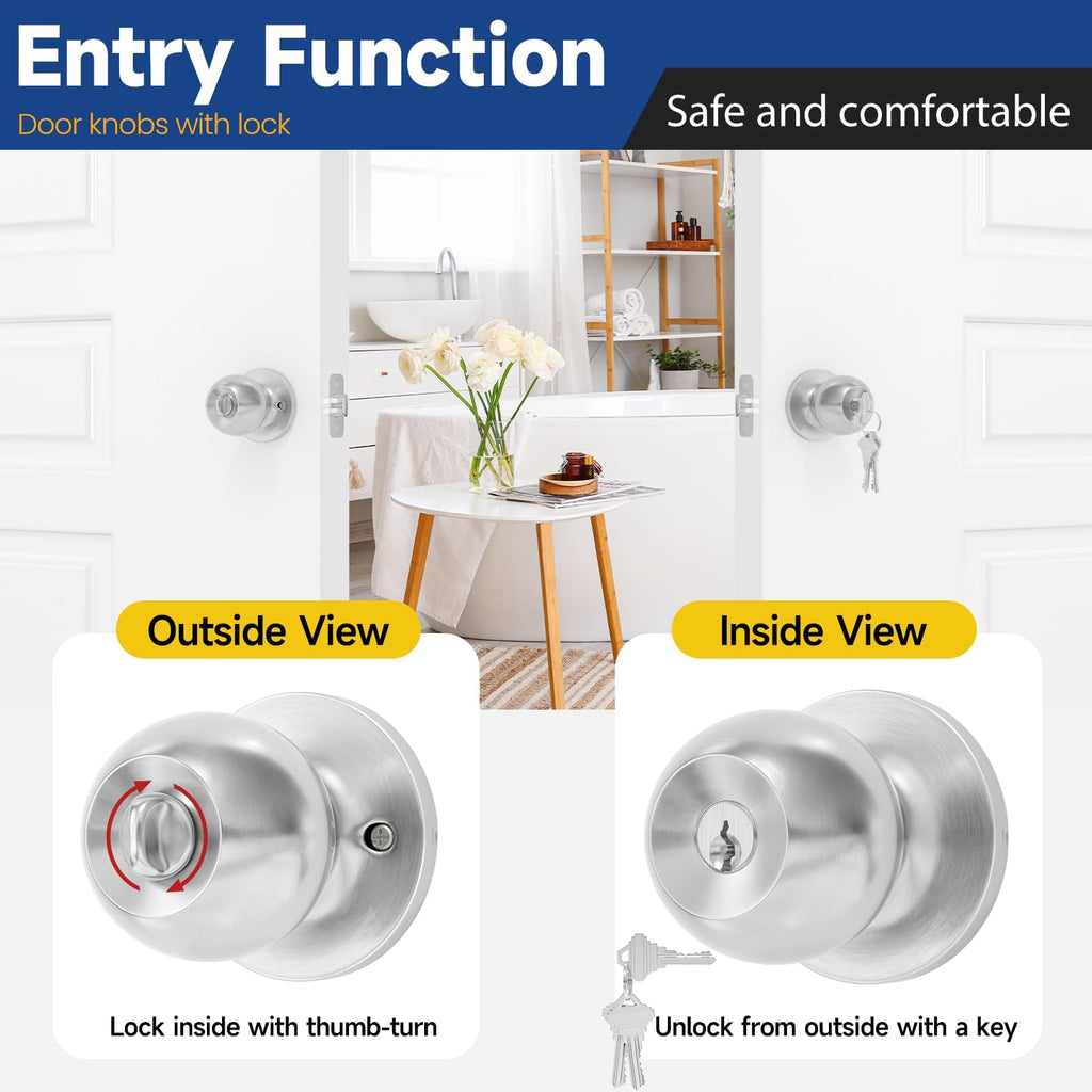 RAFECIEE 4 Pack Keyed Entry Door Knob with Lock and Key, Exterior and Interior Door Knob for Bedroom or Bathroom, Satin Nickel, Not Keyed Alike