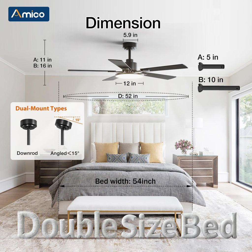 Amico 52 Inch Smart Ceiling Fans with Lights, Downrod Mount, WiFi, Black