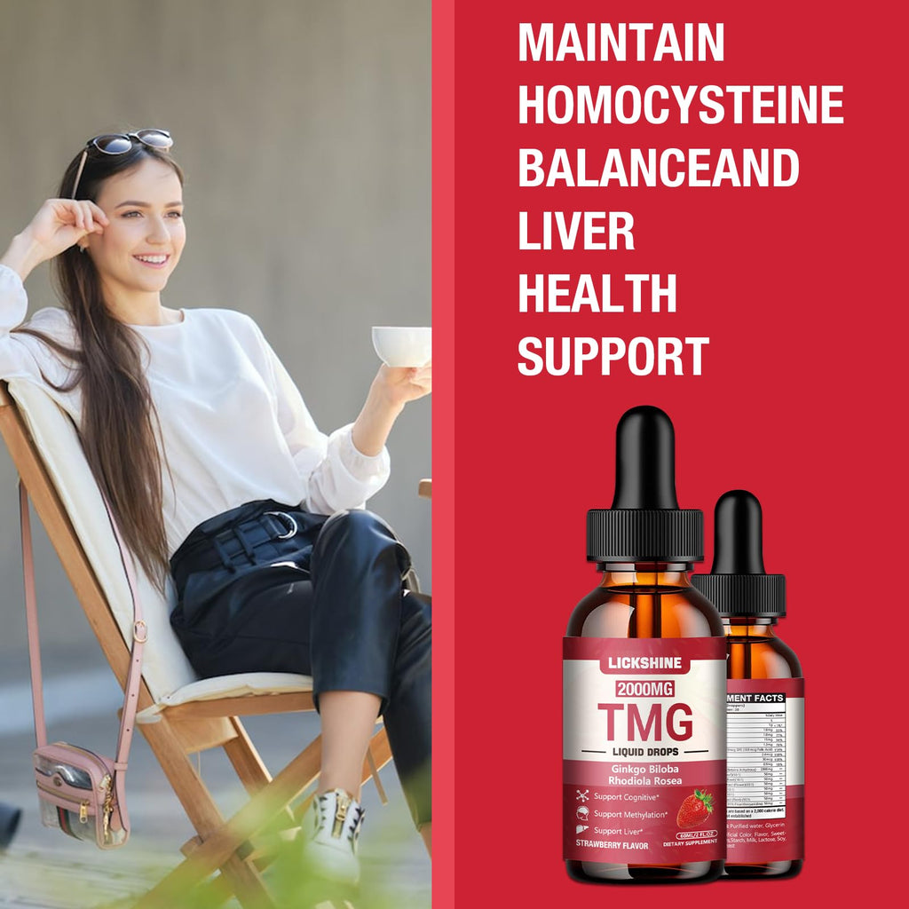 lickshine 1 Packs 2000MG TMG Suupplements Liquid Drops - Trimethylglycine, Ginkgo Biloba, Rhodiola Rosea & Vitamins B, High Absorption, Brain Function - Strawberry Flavor 2 Fl.Oz