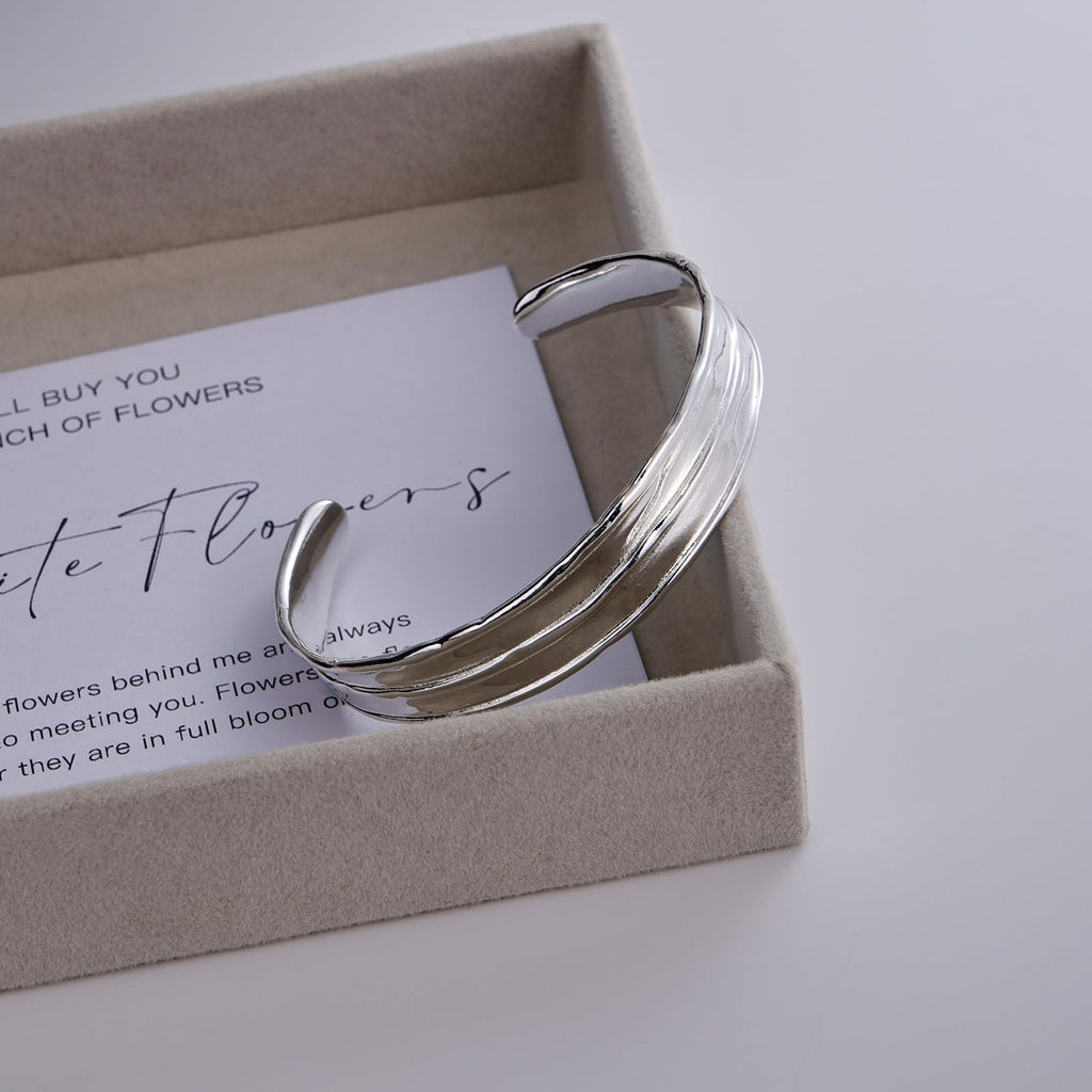 Desnuage Irregular Hammered Wave Texture Cuff Bracelet for Women - Sterling Silver Open Bangle Hypoallergenic Jewelry