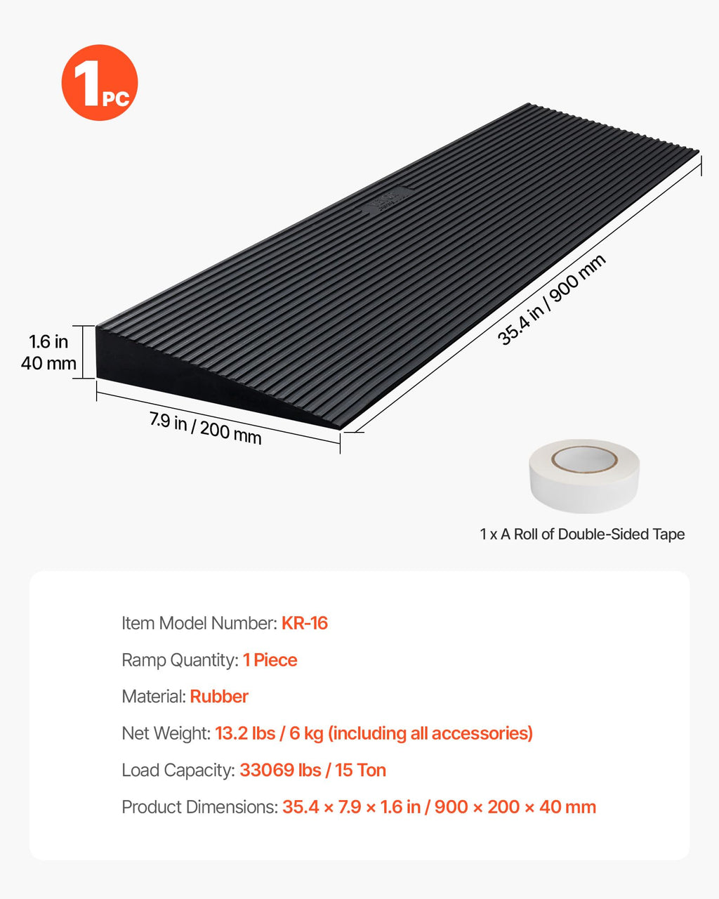 VEVOR 1.6" Rise Cuttable Threshold Ramp for Doorways, 35.4" Wide Natural Rubber Wheelchair Ramp, Non-Slip Solid Rubber Ramp with Double-Sided Tape for Doorways,Driveways,Bathroom,Smooth Tile