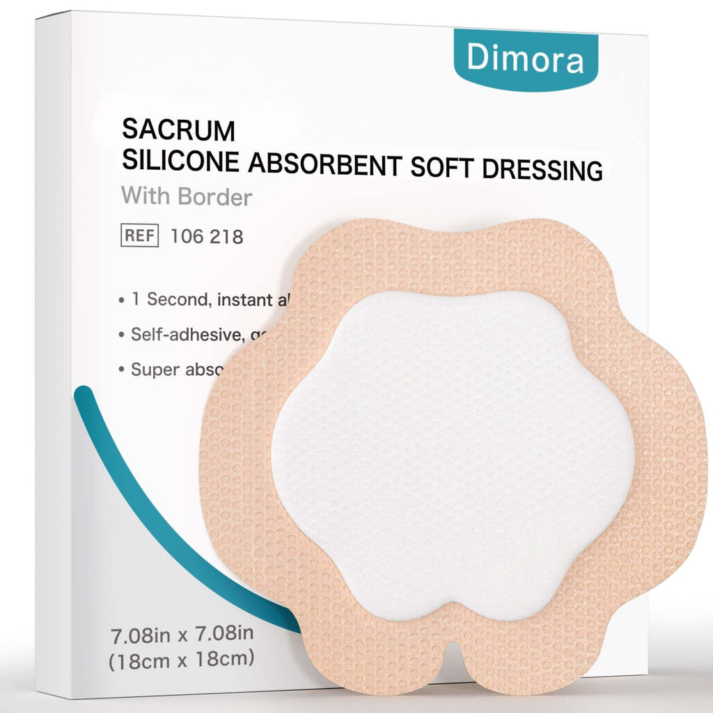 Dimora Sacrum Silicone Absorbent Wound Dressing with Border -7" x 7" Sacral Dressing for Bed Sores, Pressure Sore Large Bandage with Gentle Adhesive for Moderate to Heavy Exudate (10 Count)