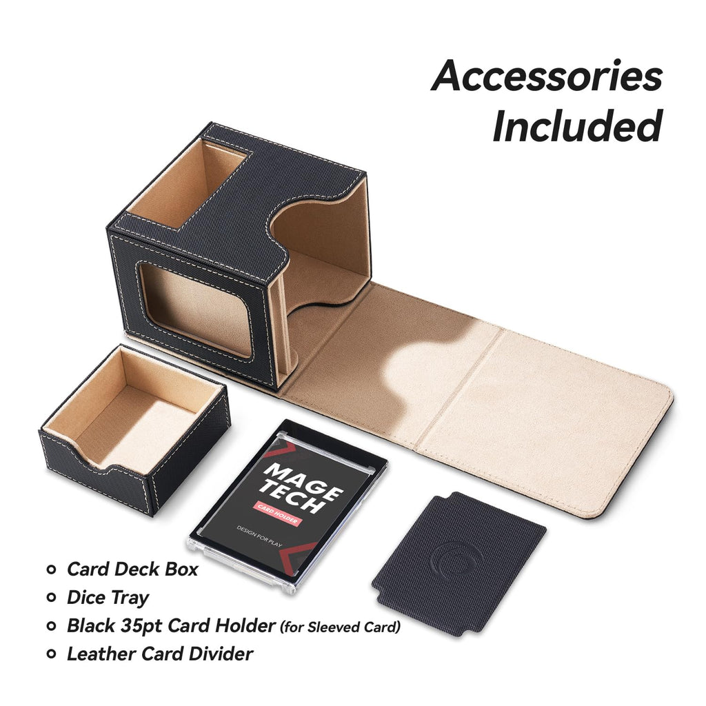 Mage Tech Card Deck Box for MTG Commander - Patented Design, Commander Display, Fits 100 Double-Sleeved Cards, 35pt Card Brick & Dice Tray - Black/Pale Gold