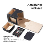 Mage Tech Card Deck Box for MTG Commander - Patented Design, Commander Display, Fits 100 Double-Sleeved Cards, 35pt Card Brick & Dice Tray - Black/Pale Gold