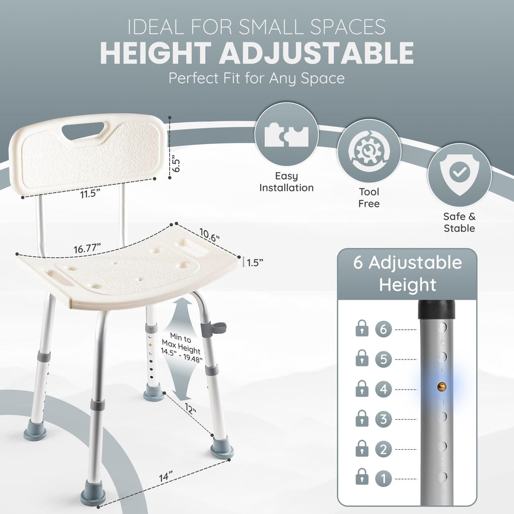 Dr. Kay's Adjustable Height Shower Chair Seat for Inside Shower, 350 lbs Heavy Duty Bathroom Stool for Bathtub, Safety Bath Bench with Backrest for Elderly and Disabled