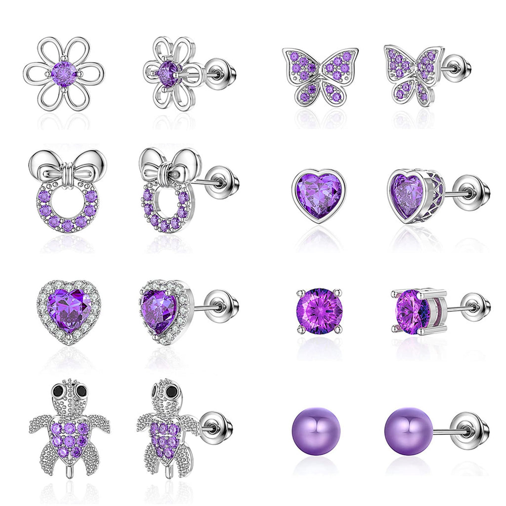 TOPBRIGHT 8 Pairs Hypoallergenic Earrings 925 Sterling Silver Stud Earrings Purple Heart CZ Tiny Butterfly For Kids, Toddlers, Little Girls, Teens, Women