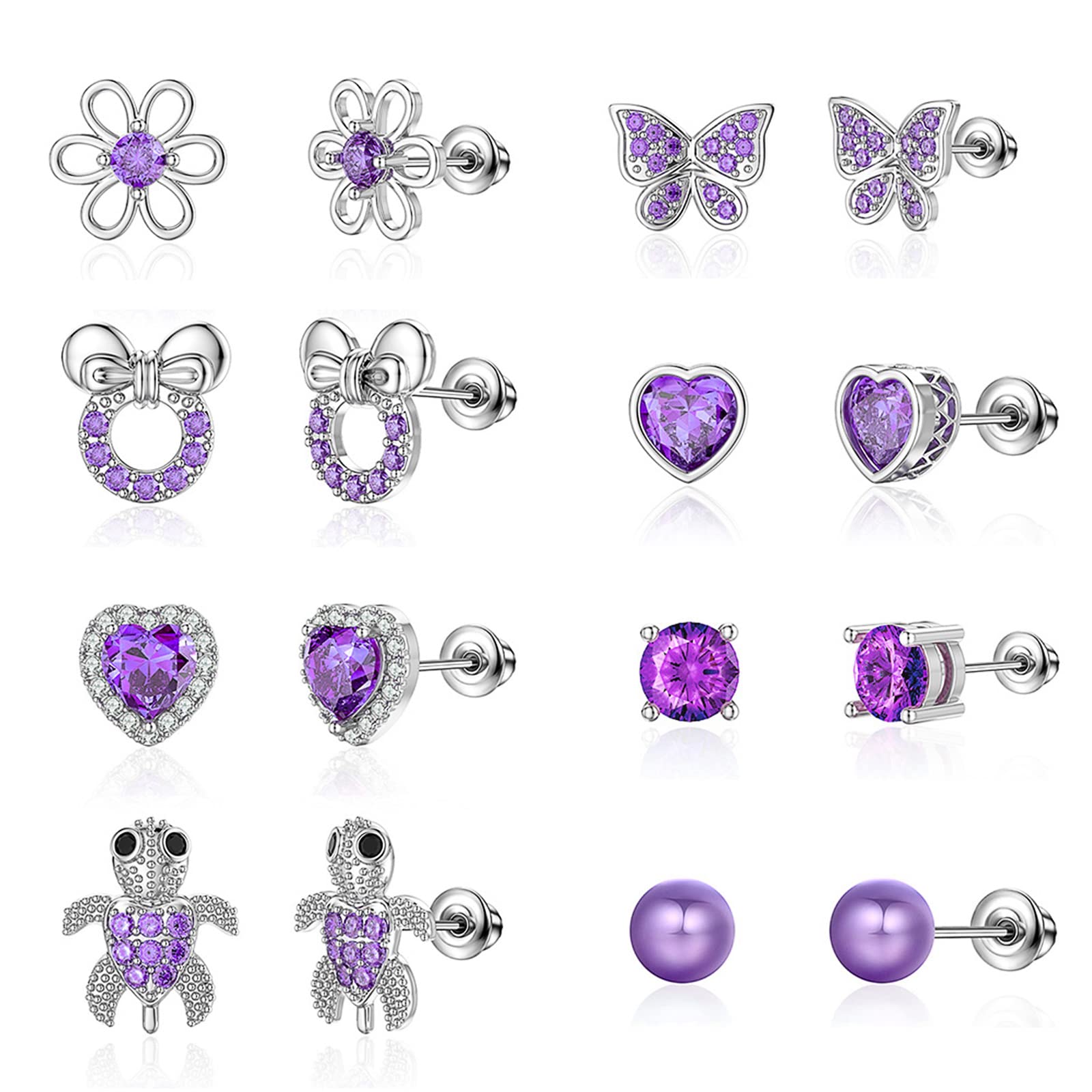 TOPBRIGHT 8 Pairs Hypoallergenic Earrings 925 Sterling Silver Stud Earrings Purple Heart CZ Tiny Butterfly For Kids, Toddlers, Little Girls, Teens, Women
