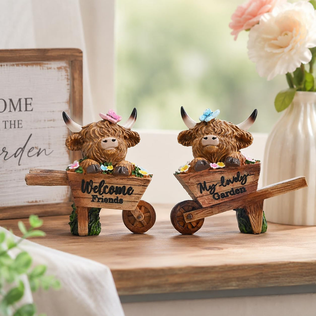 TERESA'S COLLECTIONS Garden Decor, Set of 2 Cute Highland Cows Sitting in Cart Garden Decor, Waterproof Resin Garden Statue, Highland Cows Gift, Garden Gift for Women Mom, Indoor/Outdoor