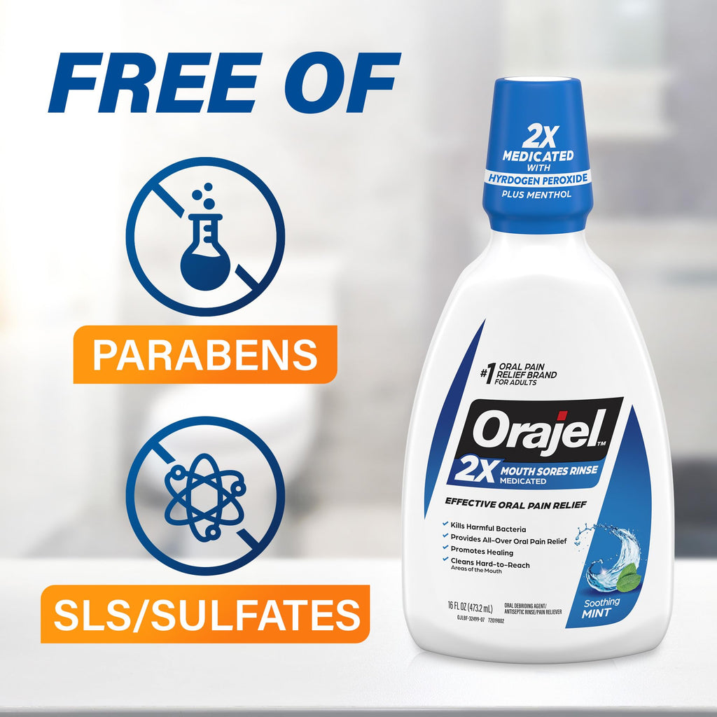 Orajel Nonseptic Mouth Sore Rinse 16oz, Soothing Mint Flavor, Provides Pain Relief, Promotes Healing, 3-Pack