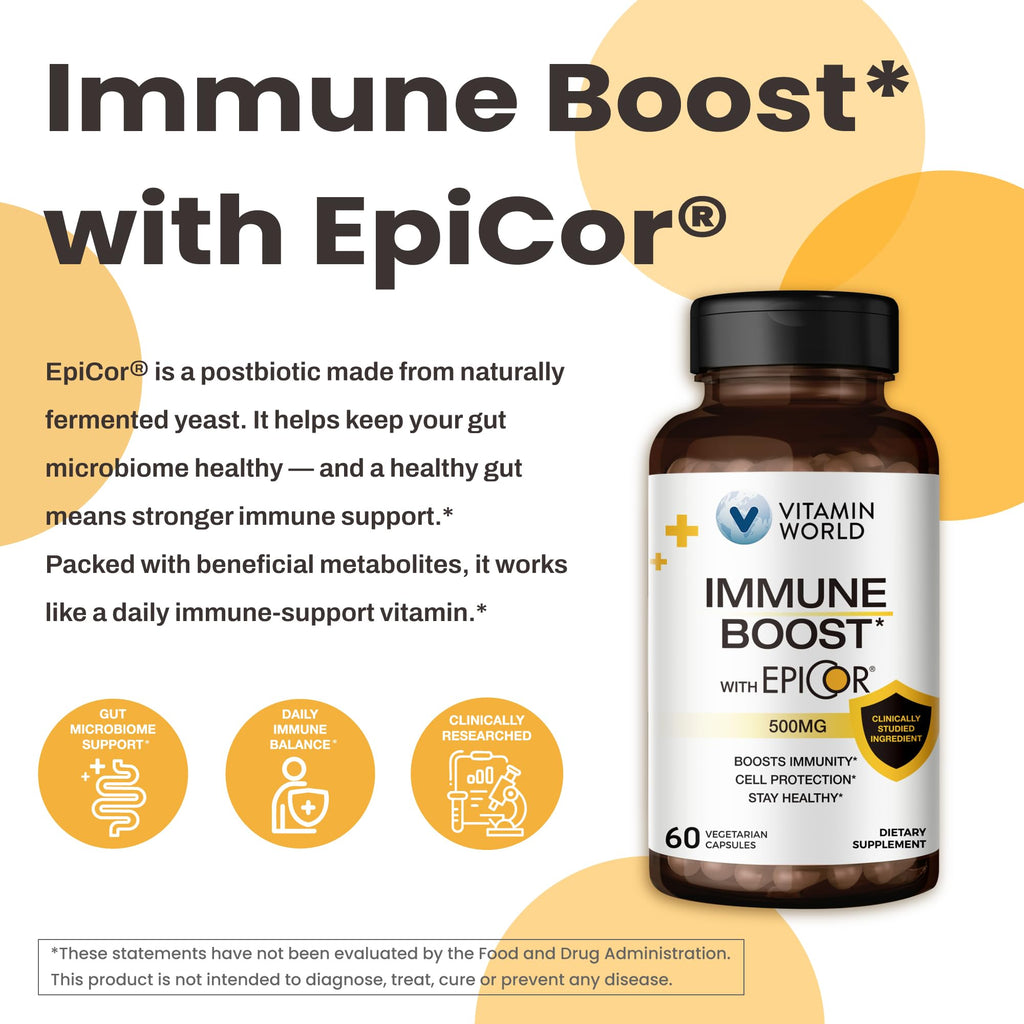 Vitamin World EpiCor 500 mg, Immune Health Support, Gluten Free, Vegetarian, 60 Capsules