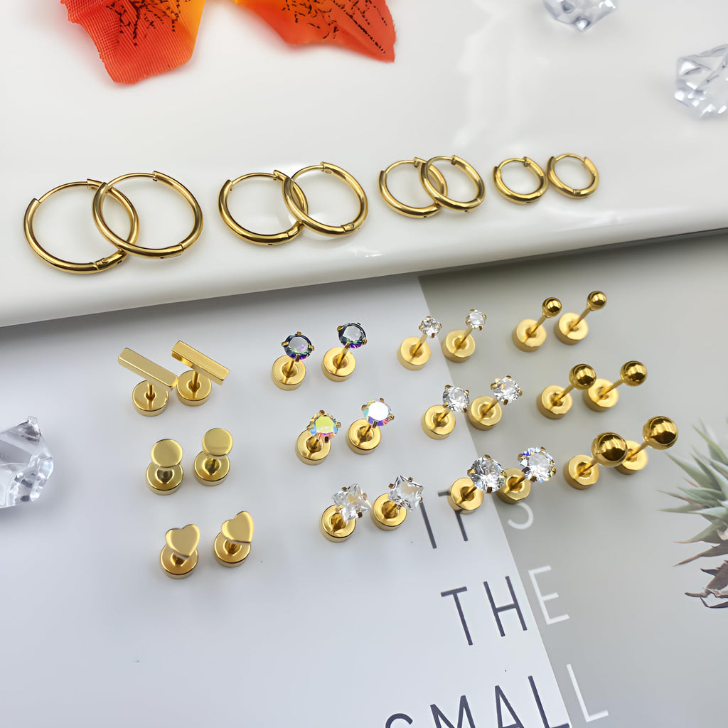 Hypoallergenic Titanium Earrings for Sensitive Ears 14K Gold Plated Opal Ball CZ Heart Flat Back Earrings for Women Men Small Surgical Steel Flatback Stud Hoop Cartilage Earring Set for Multiple Piercing (D-Gold Tone-16Pairs)