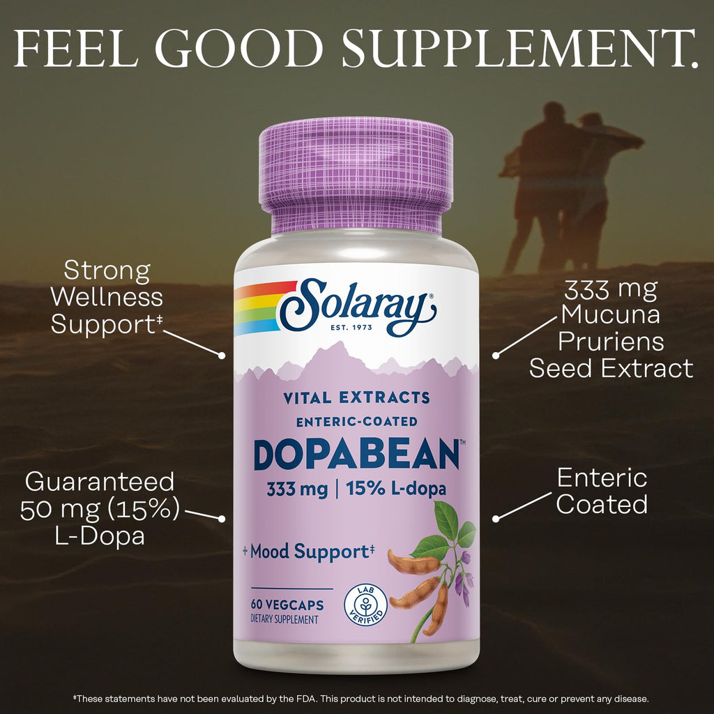 SOLARAY Dopabean 333mg - Mucuna Pruriens L-Dopa - Wellness Support Supplement - Velvet Beans Seed Extract with 15% L Dopa Plus Alpha Galactosidase - Enteric Coated, 60-Day Guarantee - 60 Servings