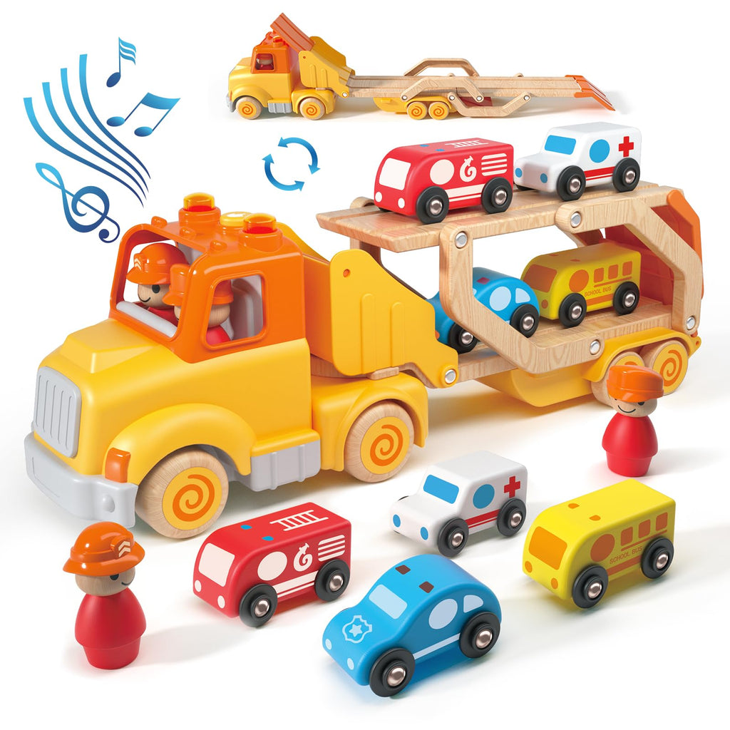 Toddler Car Toys for 2 3 4 5 Years Old Kids, Transport Carrier Truck Toy with 4 Wooden Vehicle, 24IN Foldable Track Trailer with Light & Sound Effects, Best Gift Choice for Christmas, Birthday