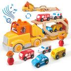 Toddler Car Toys for 2 3 4 5 Years Old Kids, Transport Carrier Truck Toy with 4 Wooden Vehicle, 24IN Foldable Track Trailer with Light & Sound Effects, Best Gift Choice for Christmas, Birthday