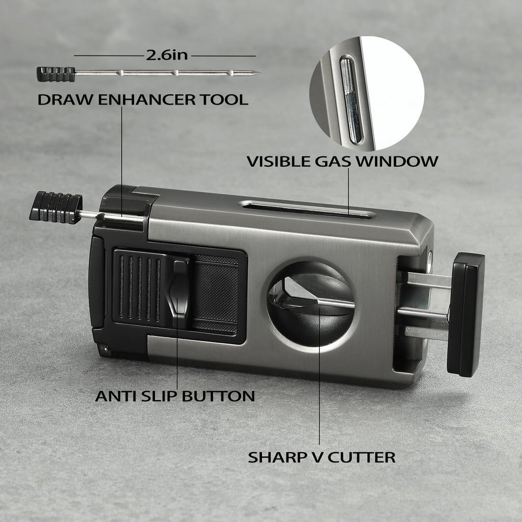 All in One Jet Flame Butane Torch Lighter Built-in Cutter V Cut, Punch, Holder Function, Draw Enhancer Tool, Refillable and Adjustable Windproof Gas Lighter, Black and Grey (Sold Without Gas)