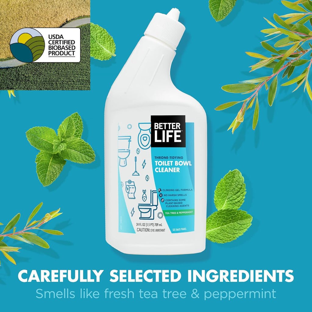 Better Life Toilet Bowl Cleaner, Plant-based, Stain & Odor Remover, Tea Tree & Peppermint Scent Cleaning Gel, Liquid Bathroom Cleaners for Household, 24 Oz, Pack of 2