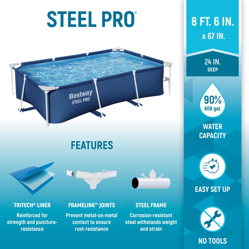 Bestway Steel Pro 8.5 Feet x 67 Inch x 24 Inch Rectangular Steel Frame Above Ground Outdoor Backyard Swimming Pool, Blue (Pool Only)