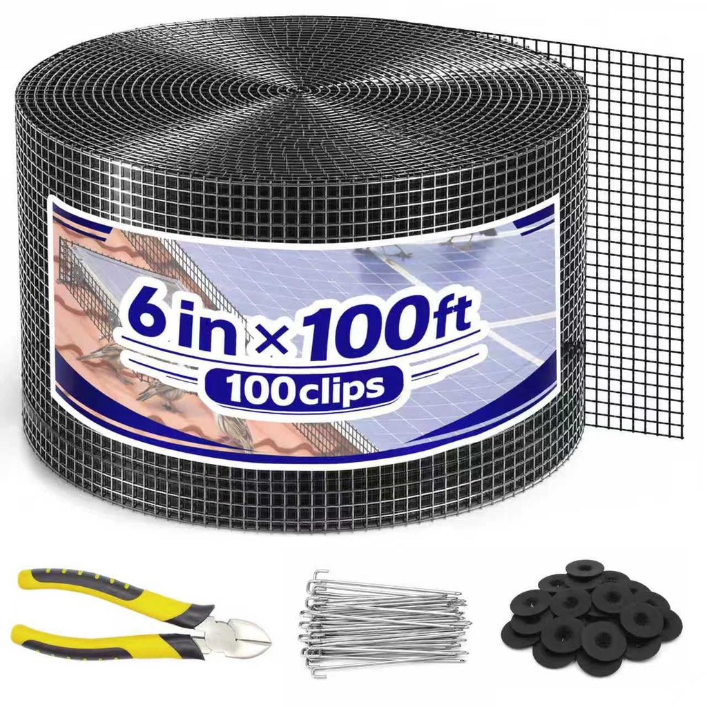 PROLEE Solar Panel Bird Guard with 100 Fastener Clips, 6 Inch x 100 FT Critter Guard for Solar Panels, 1/2 Inch PVC-Coated Galvanized Wire Mesh with Cable Cutter, Black