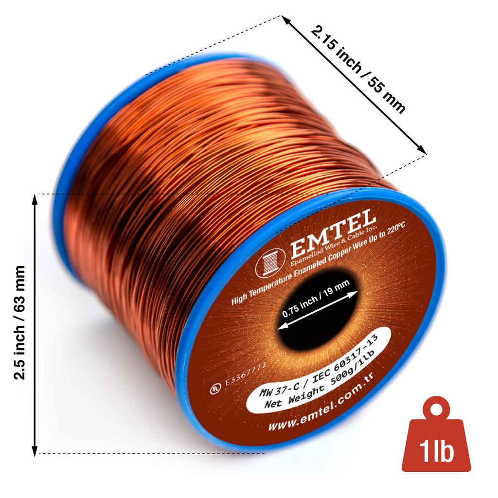 Emtel 24 AWG - 1 lb (805 feet) 99.9% Pure Copper Wire, Enameled Magnetic Wire for Motor, Transformer, Magnetic Coil, & Electroculture Gardening, Winding Magnet Wire - 220°C (428°F) Thermal Class