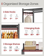 Sakugi Clothes Rack - 33.0" x 12.2" x 79.5" Clothing Rack with Shelves & Wheels, Multi-Functional Wardrobe Closet with Hooks, Sturdy Metal Garment Rack for Bedroom, Laundry, Balcony (Black)
