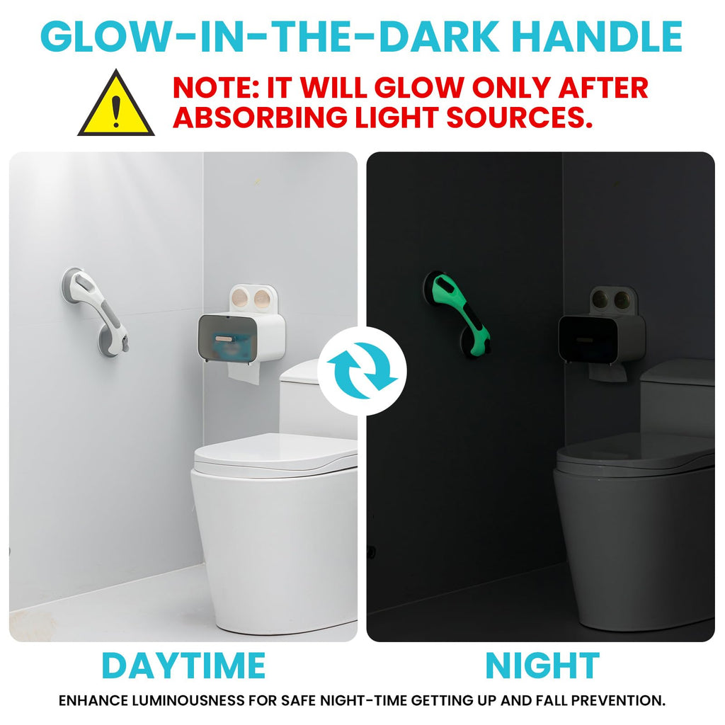 TAILI Shower Grab Bar Glow in The Dark, 2 Pack 12.2 in Grab Bars for Bathtubs and Showers,Shower Handles Shower Rails for Seniors and Elderly,Bathroom Safety Grip Removable No Drilling Waterproof Grey