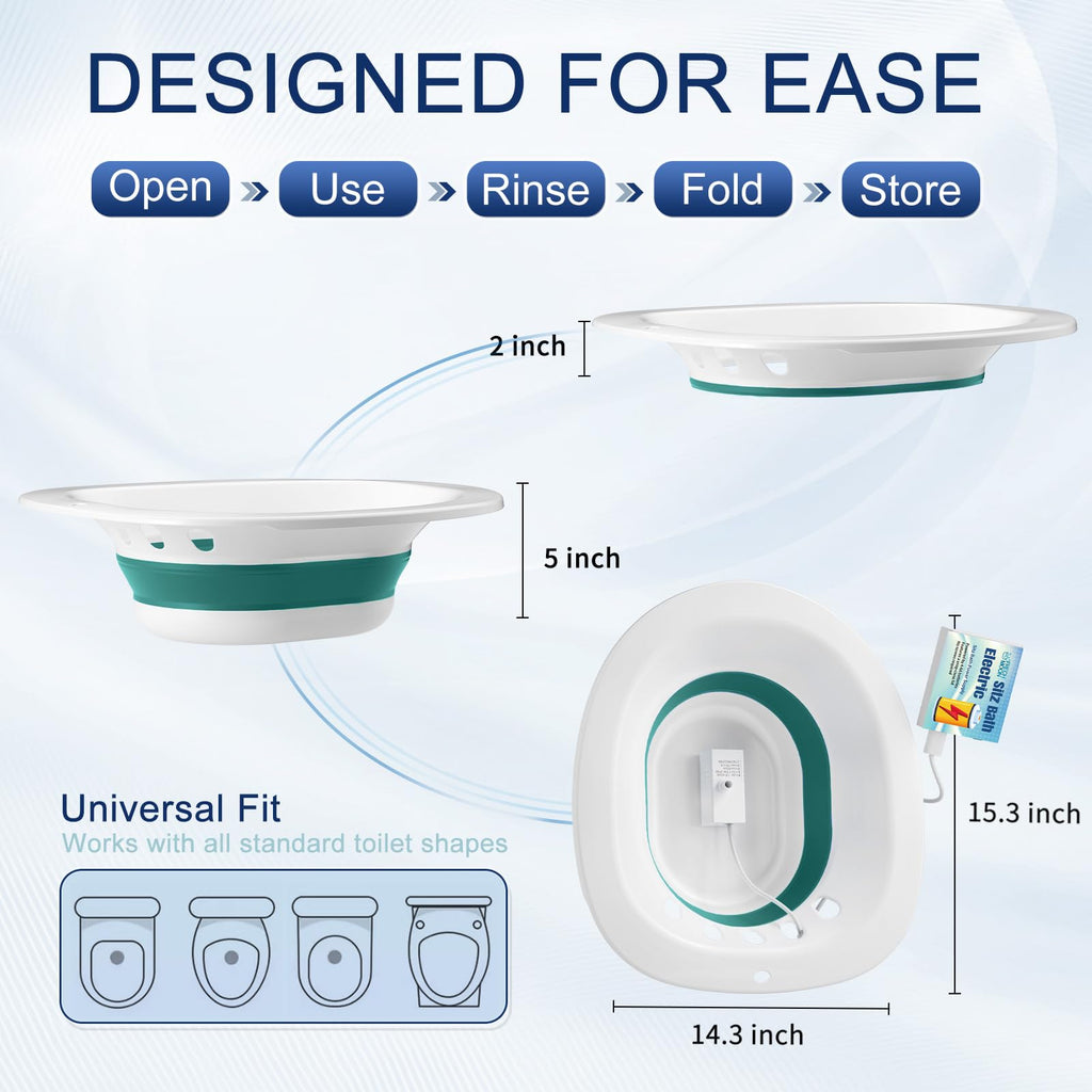 Electric Sitz Bath for Toilet Seat, Hemorrhoids and Postpartum Care - Yoni Steam Seat - Perineal Soaking, Collapsible, Wide Seat, Deeper Bowl - Use w/Sitz Bath Salt - Forest Green