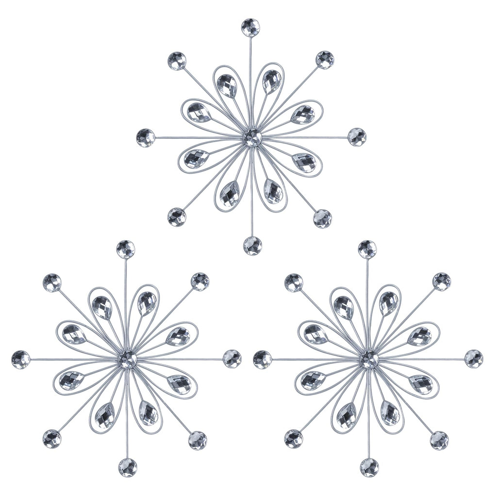 hogardeck Metal Flower Wall Decor, 3pcs 9" Silver Metal Jeweled Wall Art Bling Crystal Home Décor, Sun Burst Rhinestone Hanging Diamond Accents for for Indoor, Outdoor, Living Room, Bedroom