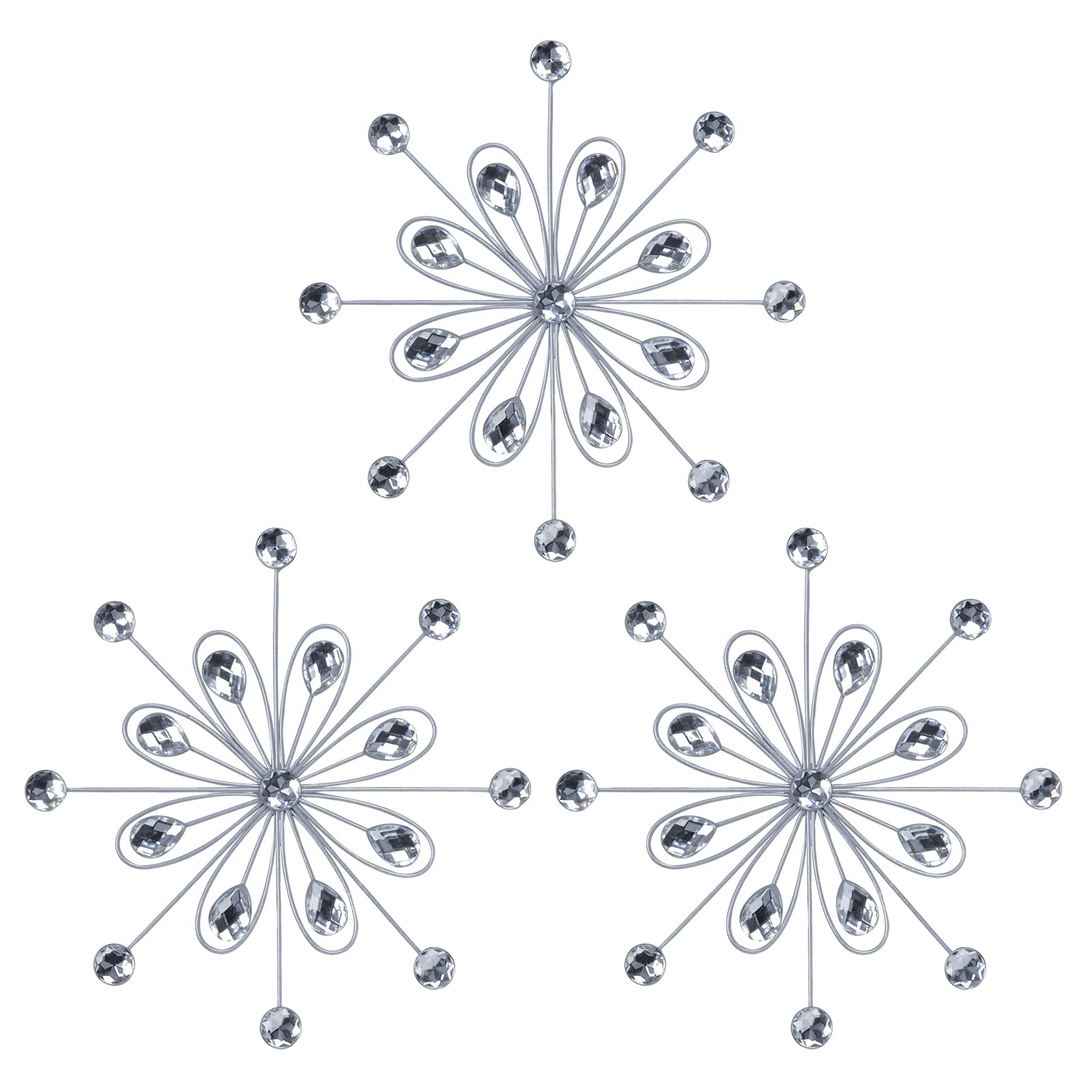 hogardeck Metal Flower Wall Decor, 3pcs 9" Silver Metal Jeweled Wall Art Bling Crystal Home Décor, Sun Burst Rhinestone Hanging Diamond Accents for for Indoor, Outdoor, Living Room, Bedroom
