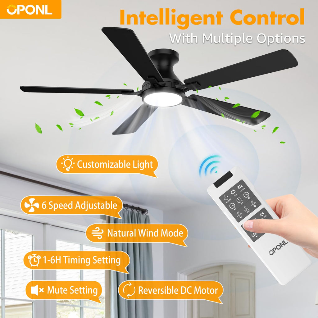 OPONL Ceiling Fan with Light, 52 inch Low Profile Ceiling fan with Light and Remote Control, Reversible, 6CCT, Dimmable, Noiseless, Black Ceiling Fan for Bedroom, Indoor/Outdoor Use, Modern