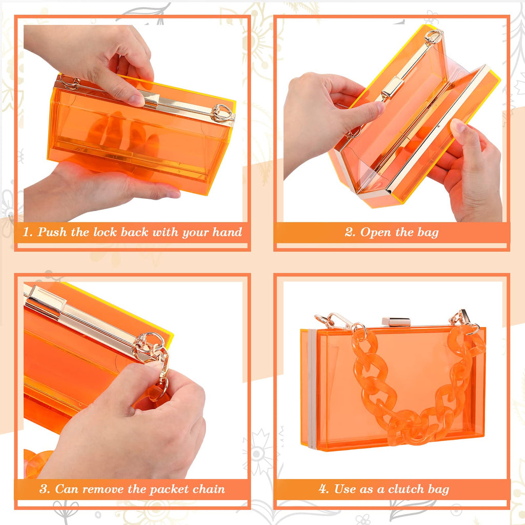 Jadive Orange 4 Pcs Purse Clear Women Acrylic Clutch Hand Bag Evening Retro Earring Bracelet Jewelry Set Neon Vintage Wedding Gift