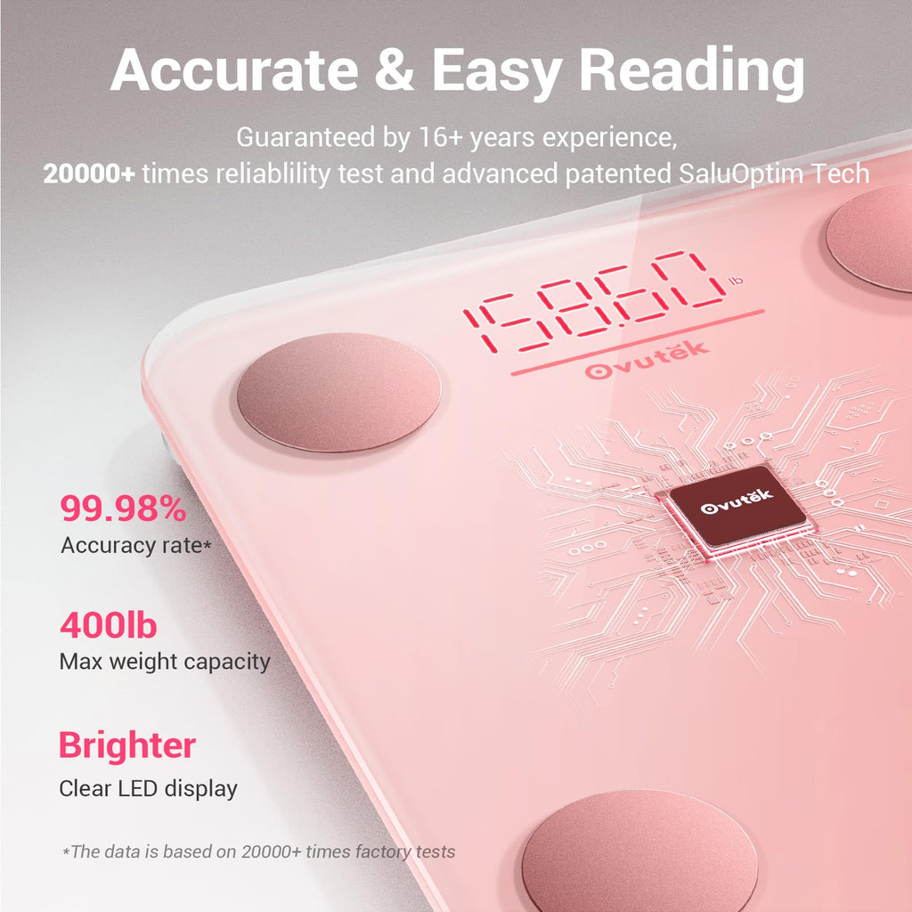 Ovutek Smart Scale for Body Weight, Digital Bathroom Scale BMI Weighing Body Fat Scale, Accurate Body Composition Scale Monitor for People's Health with Smartphone App, Compact Size, 400lb (Pink)