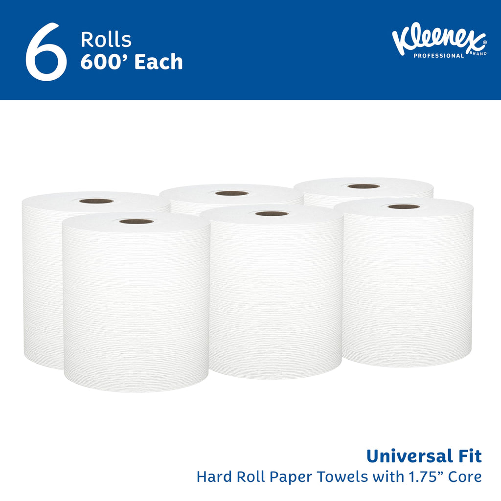 Kleenex® Universal Hard Roll Paper Towels, Bulk (50606), Hardwound 1.75" Core, Premium Absorbency Pockets™, White, (600'/Roll, 6 Rolls/Case, 3,600'/Case)
