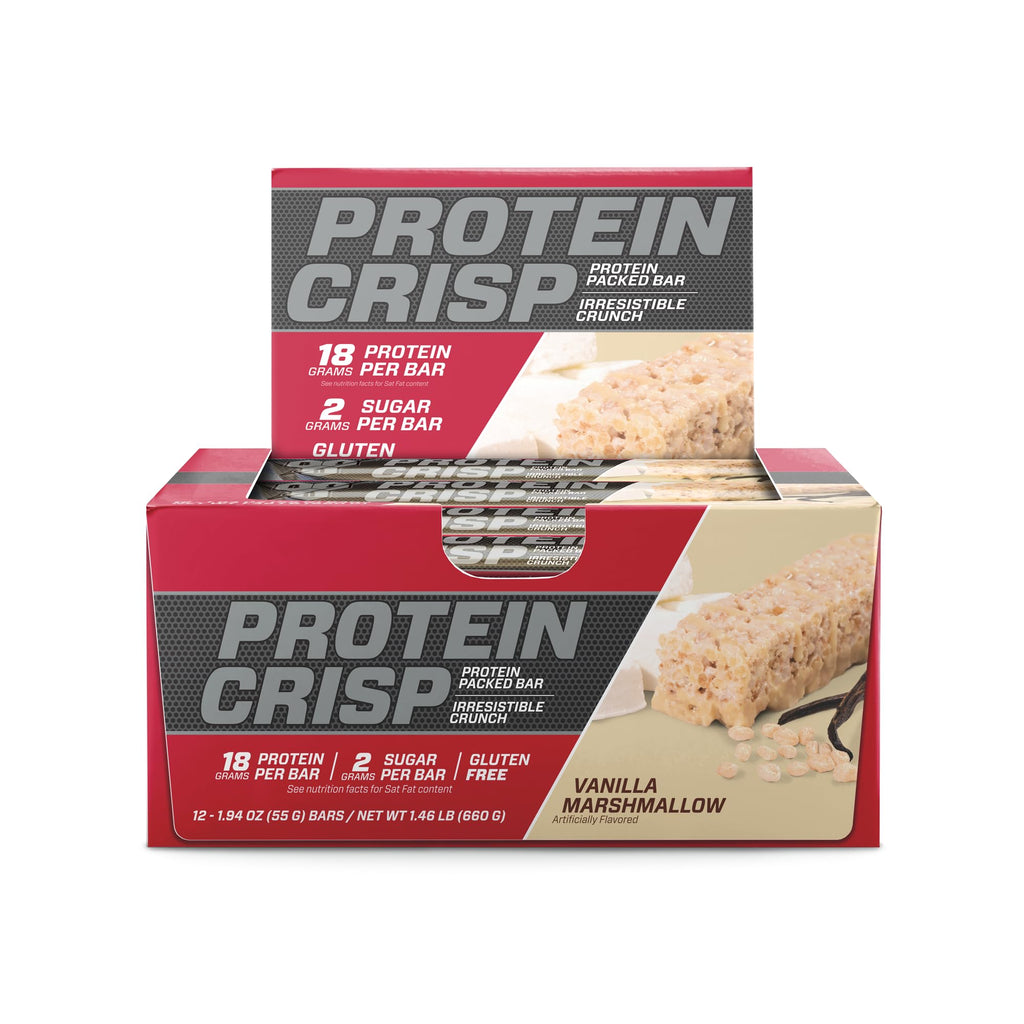 BSN Protein Crisp Bar, Vanilla Marshmallow, 18 Gram Protein Snack Bars with Whey and Fiber, Gluten-Free Crunchy Energy Bars for Workout, Fitness, On-the-Go, 12 Count