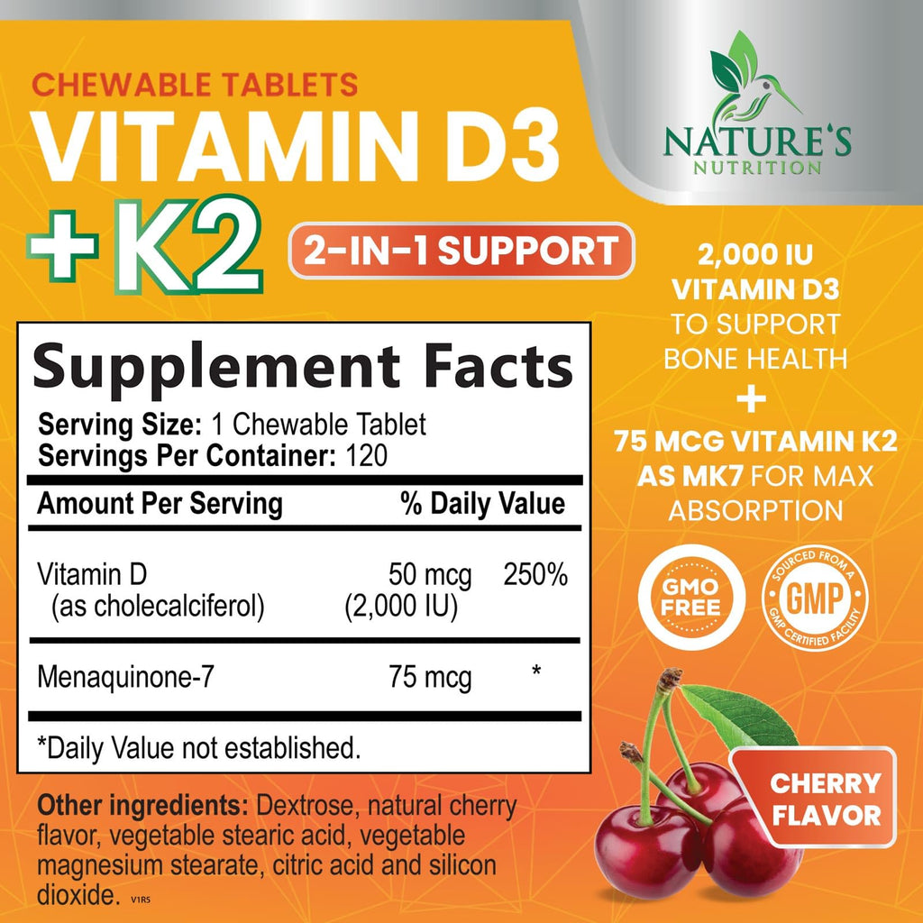 Vitamin D3 2000 IU 50mcg Per Serving - Vitamins D & K2 (MK7) Complex Supplement for Bone, Teeth, Muscle, Calcium Absorption, Supports Immune & Heart Health, Chewable Formula USA Bottled - 120 Tablets