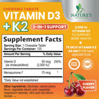 Vitamin D3 2000 IU 50mcg Per Serving - Vitamins D & K2 (MK7) Complex Supplement for Bone, Teeth, Muscle, Calcium Absorption, Supports Immune & Heart Health, Chewable Formula USA Bottled - 120 Tablets