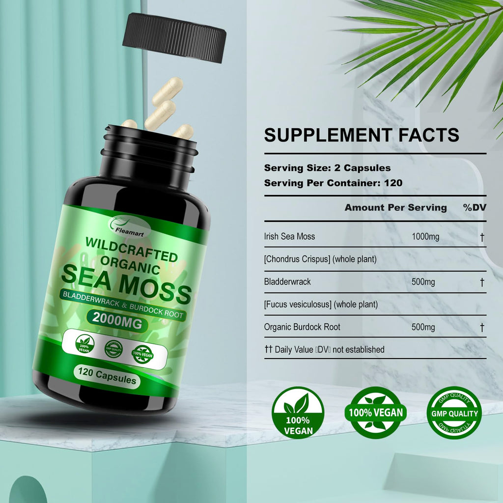 Fleamart Irish Sea Moss Capsules 120ct Raw Sea Moss Wildcrafted Bladderwrack Burdock Root Capsules Super Food Immune System Digestive Health Sea Moss Pills