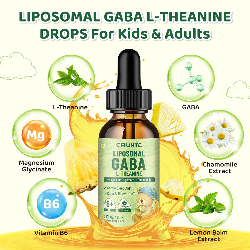 Liposomal GABA L-Theanine Drops for Kids - Liquid GABA Supplement with Magnesium, Chamomile, Lemon Balm & Vitamin B6 - Support Relaxation, Focus & Stress Relief for Kids & Adults - Pineapple Flavor
