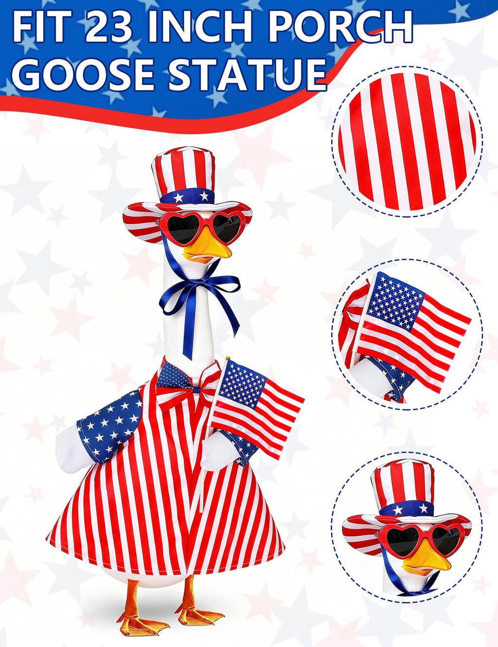 bomis Veterans Day Patriotic Porch Goose Outfits for 23 Inch Lawn Statue – Veteran Tribute Goose Costume with Red Heart Sunglasses, Star‑Striped Top Hat, Handheld American Flag