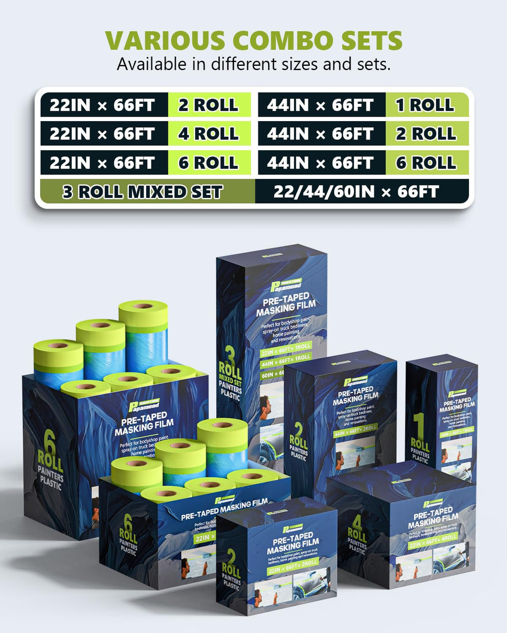 Pre-Taped Masking Film for Painting(4 Rolls) - 22" x 66'Painters Plastic Sheeting with Tape and Drape, Painters Drop Cloth for Automotive & Home, Cover for Walls/Floors/Windows/Cars Protection