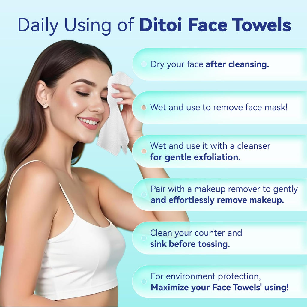 Ditoi Disposable Face Towels XL, Soft Cotton Facial Cleansing Cloths, Dry Face Towelettes for Makeup Removal, Sensitive Skin & Daily Skin Care,10"×12",100 Count
