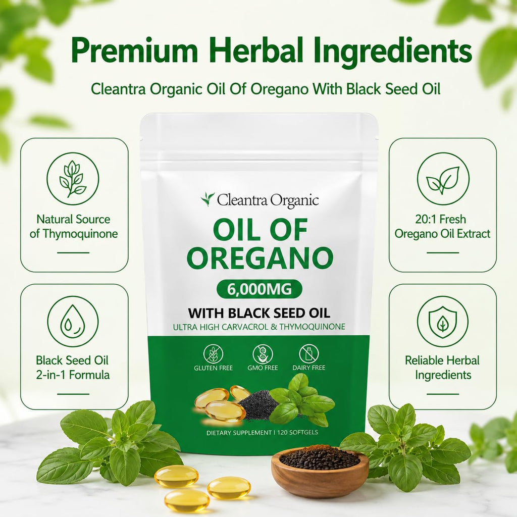 Cleantra Organic Oil of Oregano with Black Seed Oil 6000mg, 2-in-1 Oregano Oil Capsules,(1)