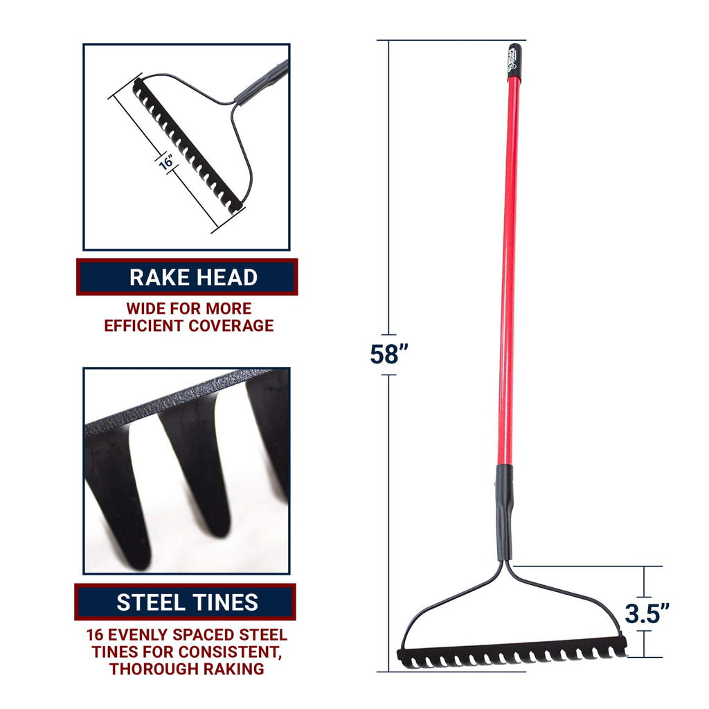 Bully Tools Bow Rake 16" Tines, Heavy Duty Steel Garden Rake for Leaves