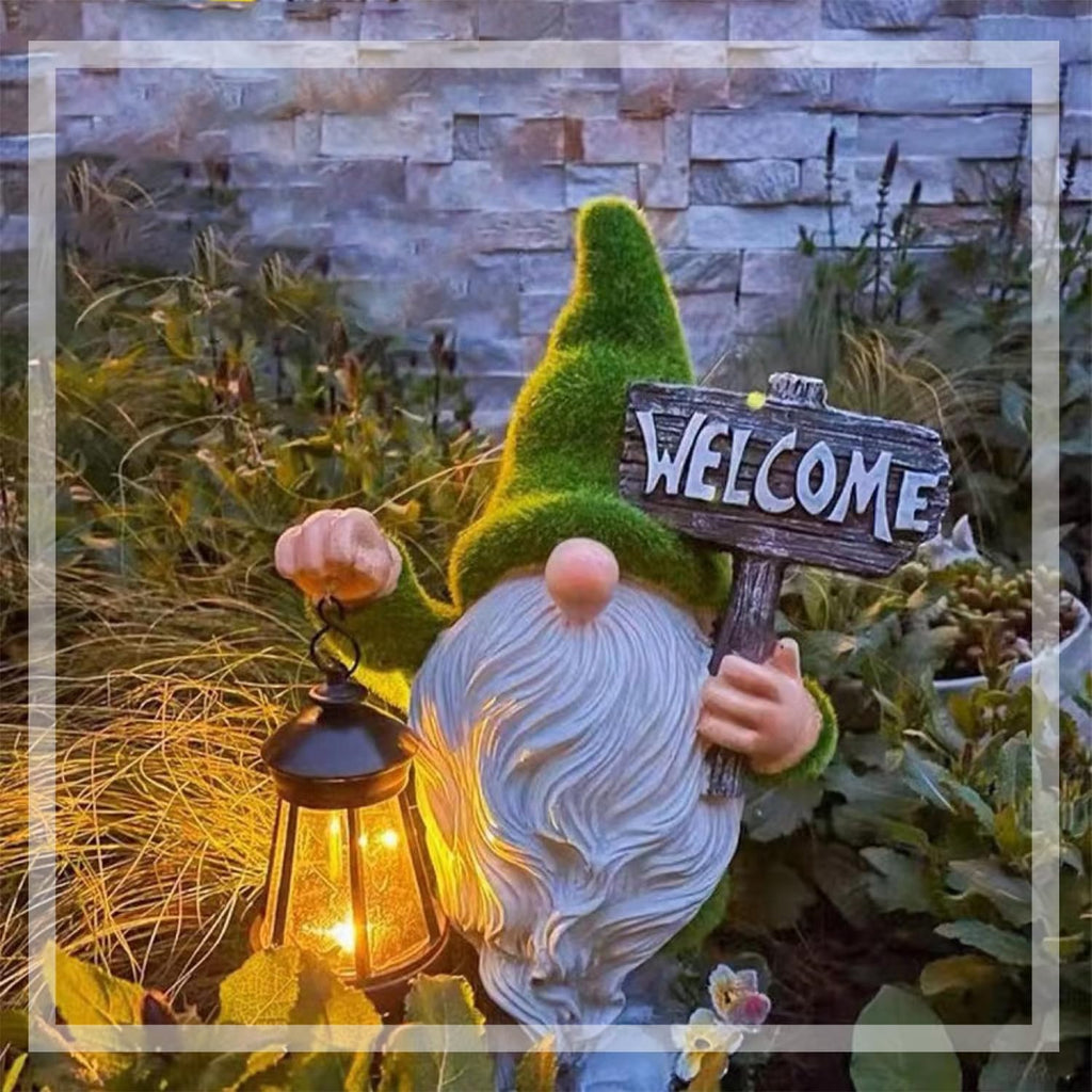 Meagkka Garden Gnome Statue Outdoor Decor Large Flocked Resin Gnome Figurine with Solar Light Holding Lantern Welcome Sign Garden Yard Decorations Dwarf Sculpture for Outside Patio Porch Lawn Decor.