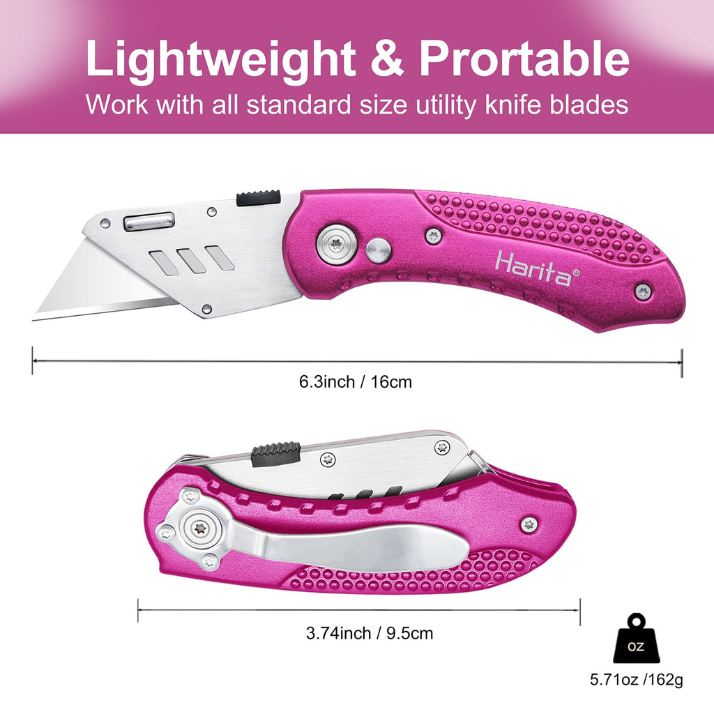 Box Cutter Heavy Duty Utility Knife, Razor Knife, Lightweight Aluminum Handle, Back-lock Mechanism, Stainless Belt Clip, for Carpet, Carton, Box, Cardboard, with 5-piece Extra Blades, Hot Pink
