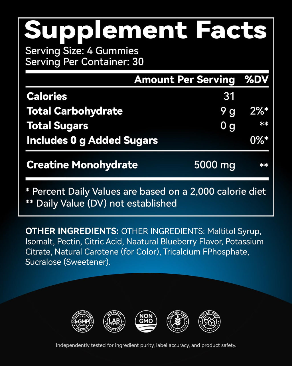 Creatine Gummies for Women & Men - 5000mg Pure Creatine Monohydrate Chewables - Sugar Free Pre Workout Gummies for Muscle Growth & Recovery - Vegan, Blueberry, 120 Count (30 Servings)